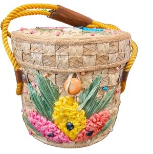 *HP* Vintage 70'S Handcrafted Basket/Bucket Purse With Raffia Embroidery Detail